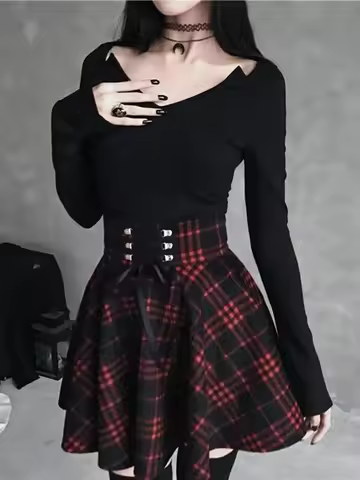 Black Checkered Women's Gothic Skirt Women Pleated Plaid Skirts Spring Autumn Girl Hip Hop Female Pu