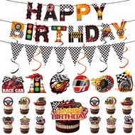 [Ready Stock] Racing Theme Birthday Party Decoration Pull Flag Banner Racing Checkered Spiral F1 Rac