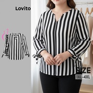 Lovito Women's Plus Size Curve Casual Striped Lace Up Blouse LBL19053