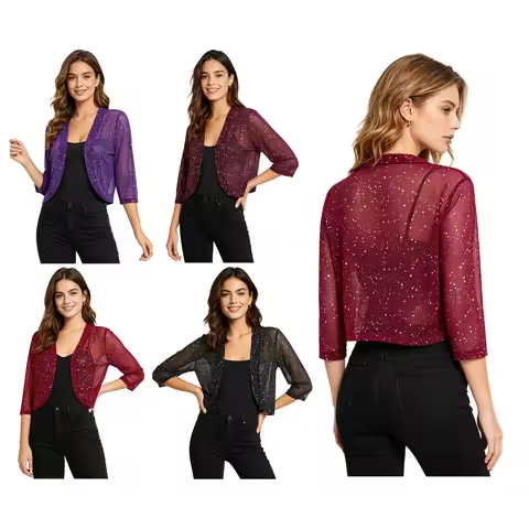 Summer Women Sheer Mesh Cropped Bolero Tops Casual Spots 3/4 Sleeve Open Front Curved Hem Cardigan S