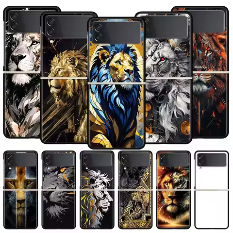 Cross Pattern Bicolor Lion Hard PC Phone Case For Samsung Galaxy Z Flip 7 6 5 4 Black Cover For Gala