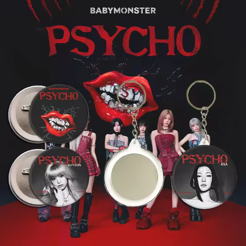 KPOP BABYMONSTER Psycho Single Tinplate Badge Pins Mirror Keyring Ahyeon Chiquita Pharita Brooch Key
