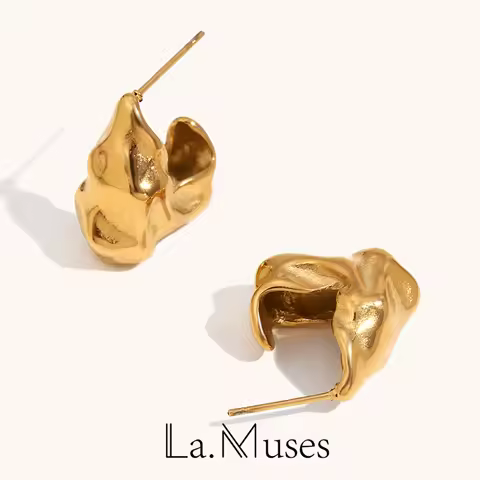 La.Muses Stainless steel Hook Shaped Wrinkled Design Earrings Woman Waterproof Cережки Jewellery 202