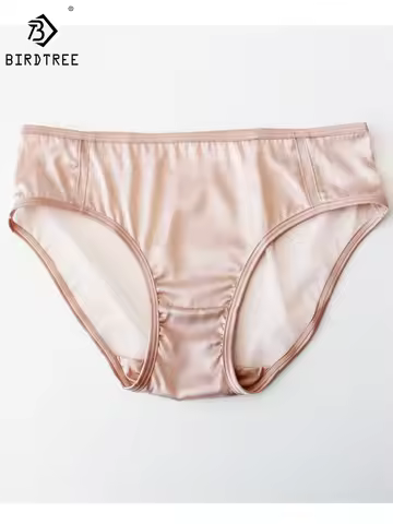 Birdtree 6A 19MM 93.8% Silk Briefs Women Mid Rise Stretch Plain Crepe Satin Comfortable Lace Breatha