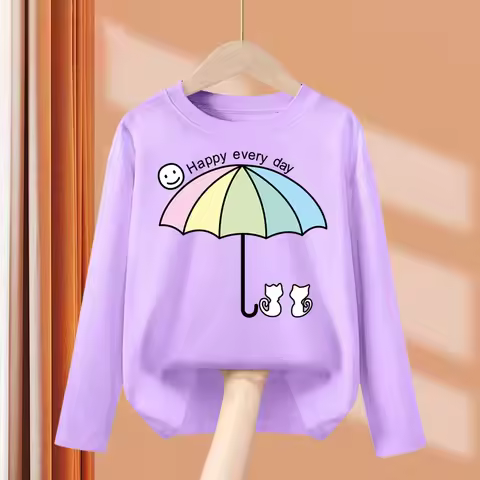 Aimi Lakana Kids Printed Clothing Umbrella Cat Design T-shirt Girl Spring Autumn Tops Cotton Casual 