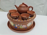 【70-80年代老紫砂】宜興紫砂加彩 潮汕工夫茶具（底款：荊溪惠孟臣製 / 中國宜興）
