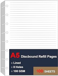 A5 TUL Discbound Lined Refill Paper, 8 Disc Hole Punched Ruled Filler Paper, Junior Size Refills Paper, 100Sheets / 200Pages, Loose-Leaf Paper, 100gsm Paper, 5.8 X 8.3 Inch