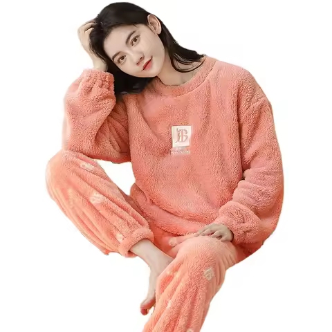 Original Winter Plush Womens Pajama Sets Polka Dots Pjs Printed Teddy Sleepwear Velvet Homewear Kawa