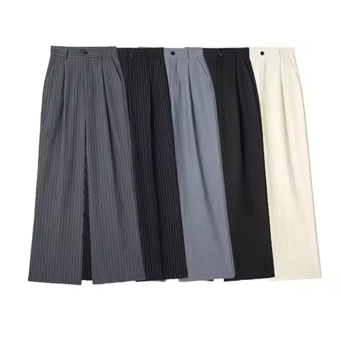 HXAO Striped Straight Pants 2024 Autumn Women's Elegant Pleated Long Pants Ladies Fashion Casual Off