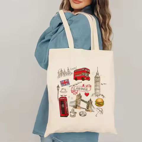 London Theme Canvas Tote Bags Trendy Women Shoulder Handbag Souvenir Travel Handbag Fashion Girl Han