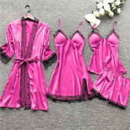 4 Piece Pajama Set Silk Womens Nightgown Lace Dress Robe Sleeping Pajamas Silk Solid Color Pajama Se
