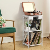 Record Player Stand White Vinyl Record Storage Shelf with Charging Station and 3 USB Ports Turntable