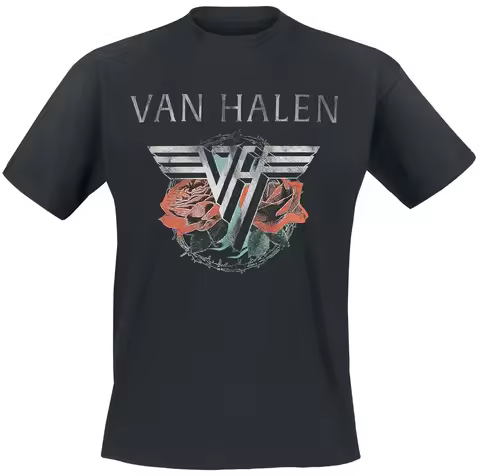 Van Halen 1984 Tour Rose Tee, Hard Rock T-Shirt with VH Logo & Barbed Wire Print, Van Halen Fan Merc