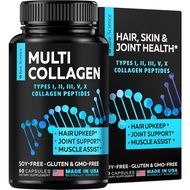 Multi Collagen Pills 90 Capsules - Multi Collagen Peptides Supplements for Women &amp; Men - Bovine Collagen For Joints, Bone, Hydrolyzed Collagen - Made In USA, Non-GMO, Gluten Free