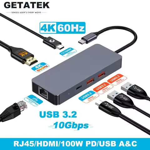 Getatek 6-in-1 USB C Hub 4K 60Hz HDMI Type C to Ethernet USB C PD 100W Charging USB 3.2 Hub for MacB