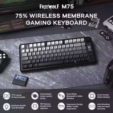 ATTACK SHARK M75 Wireless Membrane Gaming Keyboard with Knob&OLED Display Bluetooth/2.4Ghz Rainbow B