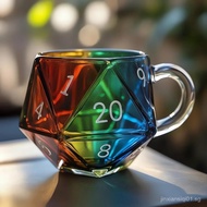 Rainbow Glass D20 Dice Mug Polyhedral Dice Coffee Cup with Handle Transparent Glass Game Mug for RPG