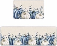 Thanksgiving Kitchen Rugs 2 Piece Blue White Pumpkin Flower Eucalyptus Fall Floral Kitchen Mats for 