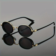 Women Oval Metal Frame Sunglasses, Stylish Vintage Steampunk Black Lens, Chic Small Frame Shades for