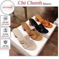 H clogs hm sandals 5p wood grain heel 5cm high square heel soft leather comfortable to wear to flatt