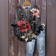 Women's Casual Trendy V-Neck Ruffle T-Shirt with 3D Creative Flower Print - 0801H