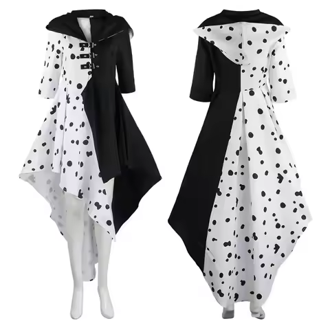 Anime Cruella cosplay costume dress set with gloves cloak Halloween carnival set adult female Cruell