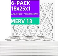 18x25x1 MERV 13 (6-Pack) Pleated Air Filter (Actual Size: 17.75x24.75x0.75") MPR 1900 & FPR 10, Furn