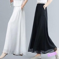 ✦Ready Stock✦ celana kulot wanita perempuan Double chiffon wide-leg pants with elastic waist, thin white and black high-waisted draped loose culottes