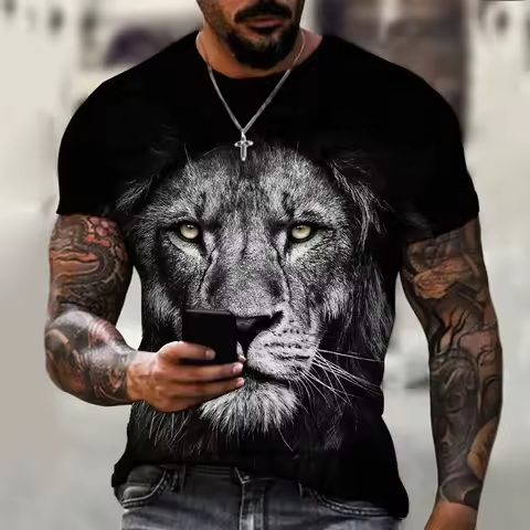 Summer Men's Round Neck T-shirt Fashion 3D Printing Lion Pattern T-shirt Fashion Leisure Trend New T
