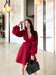 Stylista เดรสสีแดงแหวกอก ชุดใส่ออกงานสีแดง ชุดเดรสสีแดง ชุดไปงานแต่ง