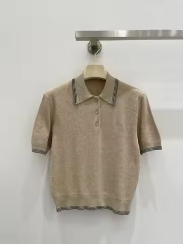 High quality apricot polo neck short sleeved shoulder t-shirt for women in summer, short stature, ic