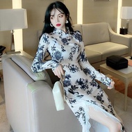 Halloween 气质 名媛 蕾丝边 开叉 中长款 印花 改良版旗袍礼服 连衣裙 dress kembang chiffon ladies baju jubah for women corset p