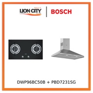 Bosch DWP96BC50B Wall-mounted cooker hood 90 cm + PBD7231SG Gas hob 78 cm Tempered glass, Black