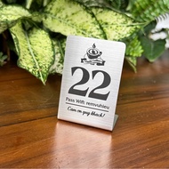 Stainless steel table number, 304 stainless steel with silver scratches. Laser engraved content, Siz