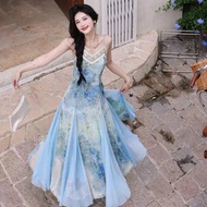 ฤดูร้อนสไตล์วันหยุด Tie Dye SLIM FIT ชุดเดรสยาวชายหาดด้านข้าง V คอแขนกุดสไตล์ฝรั่งเศสเอ็มไพร์เอวชุดข