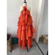 Gaun Maxi Bunga 3d yang elegan Labuh berlipat longgar Jubah Halter Tanpa Lengan Ruffles Edge Pesta V