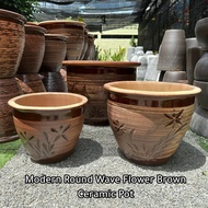 GPS Green Plant Society XTRA Large Modern Round Wave Flower Brown Ceramic Pot (Carving) 特大时尚圆形波浪花纹褐色陶瓷花盆