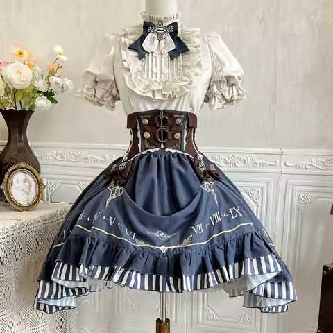 Vintage Gothic Lolita Dress Set Women Sweet Princess Puff Sleeve Shirt Girdle Y2k Skirt 3 Piece Set 