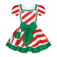 Kids Girls Christmas Candy Cane Striped Dance Costume Dres New Year Elf Sequins Bowknot Ballet Leota
