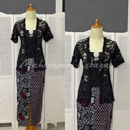 Kebaya Bali Set Brukat Lengan Pendek Hitam Rok Silver
