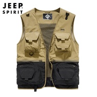 JEEP SPIRIT เสื้อกั๊กผู้ชายหลายกระเป๋าเสื้อกั๊กสีดำบางเสื้อกั๊กกลางแจ้งเสื้อกั๊กแบบมีหลายกระเป๋า