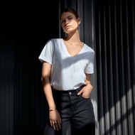 Bread & Boxers 女用優雅V領純棉T恤 - 白