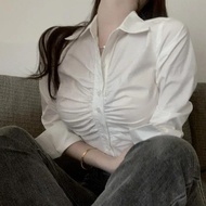 เสื้อสตรีแฟชั่นเสื้อครอปครึ่งตัวเซ็กซี่สำหรับผู้หญิงเสื้อลำลองแขนยาวพับได้เสื้อยืดสีขาวน้ำเงิน Y2K ใหม่เกาหลี