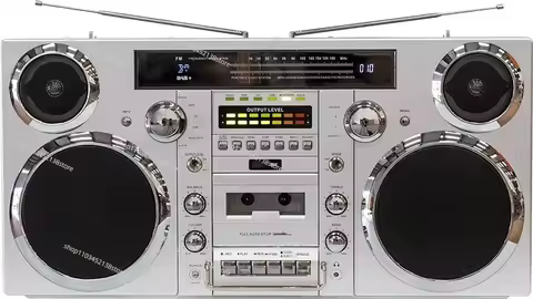 Style Portable Boombox - CD Player Cassette Player FM Radio USB Wireless Bluetooth Speaker - Silver