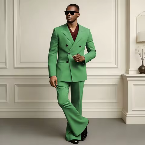 Amy Green Men's Double Breasted Suit Fashion Peaked Lapel Outfit 2 Pieces Casual Business Wedding Pa