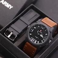 Jam Tangan Pria Swiss Army Premium - Tali Kulit - Tahan Air - Tanggal Hari Aktif - Paket 1 Sett Free