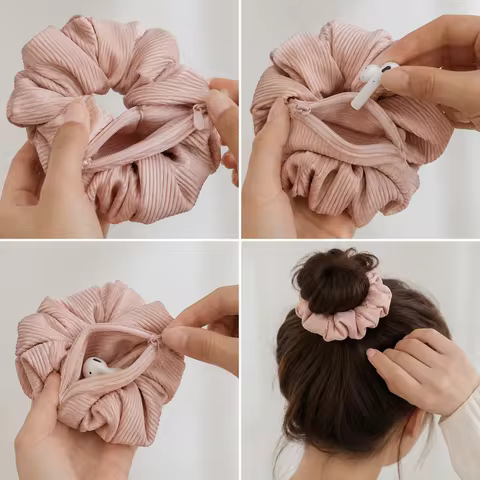 ​​Velvet Elastic Hair Bands with Zipper Storage Case for Ladies Mini Makeup Bag Secret Pocket Ponyta