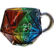 Rainbow D20 Dice Mug, Polyhedral Dice Coffee Cup with Handle, Transparent Glass Game Mug for RPG Lov