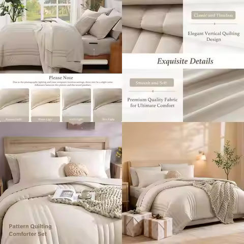 7-Piece Beige Queen Bedding Set: Comforter, Sheets, Pillowcases & Shams for All Seasons