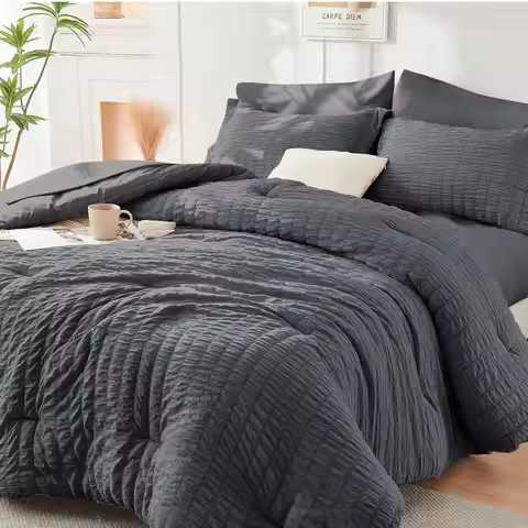 Queen Seersucker Bedding Set, 7-Piece All Season Luxury Comforter with Sheets & Pillowcases, Dark Gr